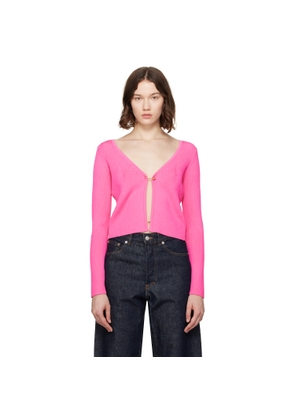 Versace Pink Safety Pin Ribbed Knit Fitted Cardigan