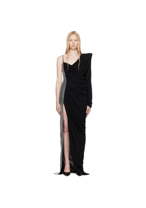 BALMAIN Black Draped Asymmetrical Two-Material Maxi Dress