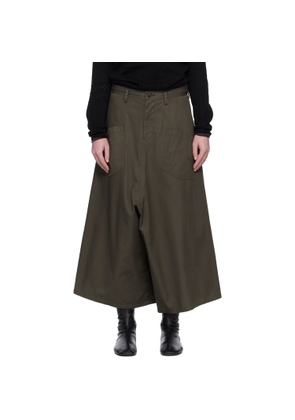 Y's Khaki Cotton Twill Drop Flare Trousers