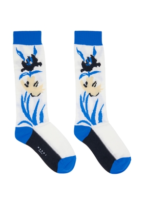 Marni Blue & White Intarsia Flower Mid-Calf Socks