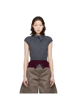 Meryll Rogge Gray & Burgundy Crew Neck Cap Sleeve Bandana Sweater