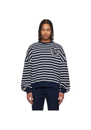 BALMAIN Navy & White Cotton College Emblem Breton Stripes Sweatshirt