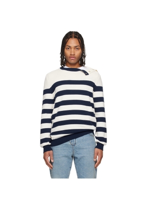 BALMAIN White & Navy Buttoned Marinière Knit Sweater
