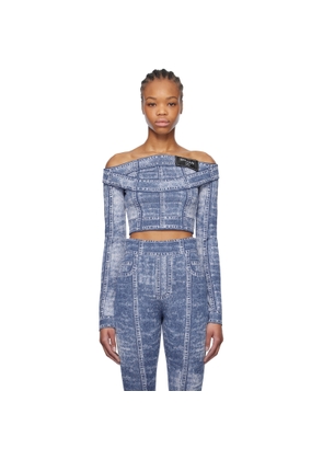 BALMAIN Blue Double Collar Denim Trompe L'oeil Top