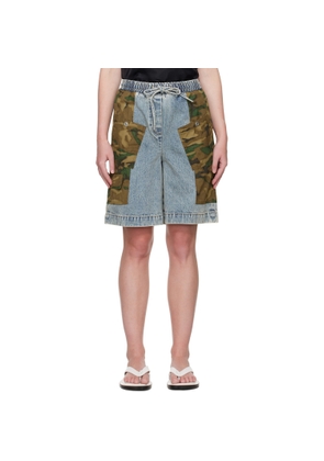 3.1 Phillip Lim Blue & Khaki Patchwork Camo Basketball Denim Cargo Shorts