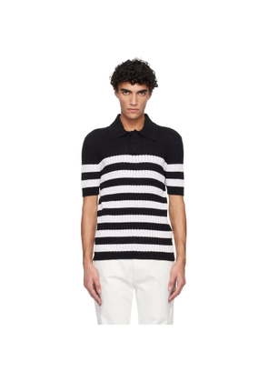 BALMAIN Black & White Marinière Ribbed Cotton Knit Polo