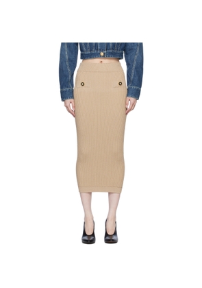 BALMAIN Beige Plain Ribbed Knit Midi Skirt