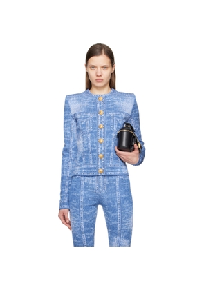 BALMAIN Blue Jacquard Denim Effect Knit Cardigan