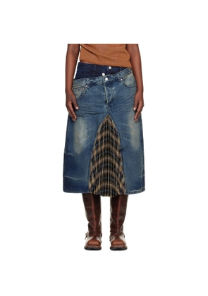Andersson Bell Blue & Khaki Pleats Combo Flipped Denim Midi Skirt