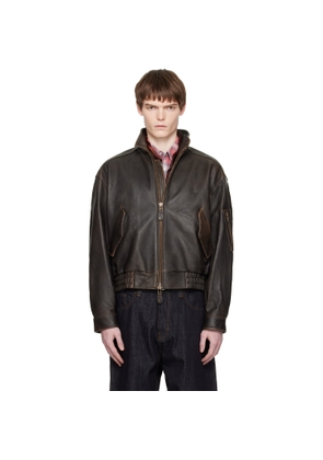 COOR Brown Vintage Shelter Neck Collar Leather Jacket