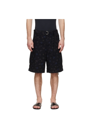 sacai Black Overdyed Floral Print Cargo Shorts