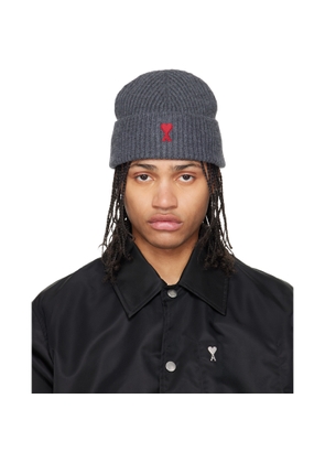 AMI Paris Gray Wool Contrasted Ami de Coeur Beanie