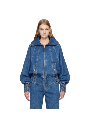 BALMAIN Blue Zipped Denim Bomber Jacket