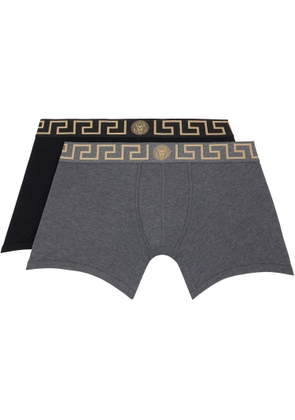 Versace Two-Pack Black & Gray Greca Border Long Boxer Briefs