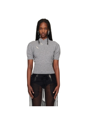 Simone Rocha Gray Embellished Mandarin Collar Cashmere Sweater