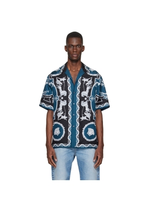 Versace Blue & Black Printed Silk Twill Regular Shirt