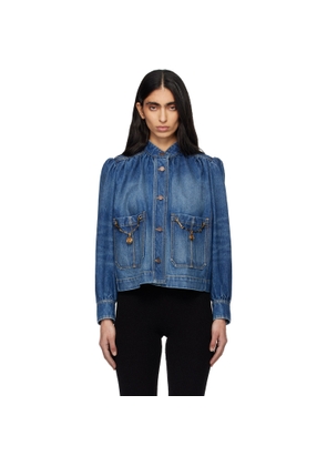 Chloé Indigo High-Neck Gathered Denim Jacket