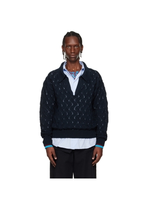 Dries Van Noten Navy Lace Stitch Polo Sweater