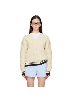 AMI Paris White Ribbed Wool V Neck Ami de Coeur Sweater