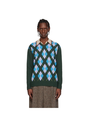 Dries Van Noten Green Argyle Sweater