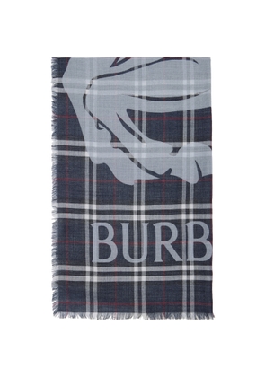 Burberry Navy Wide EKD Check Wool Silk Scarf