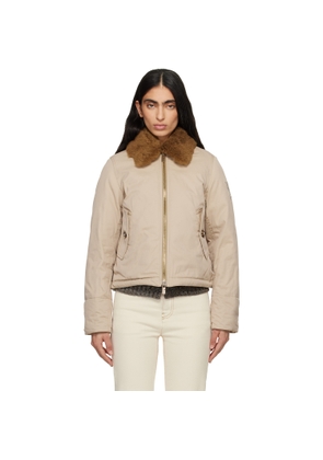 Burberry Beige Shearling Collar Gabardine Down Bomber Jacket