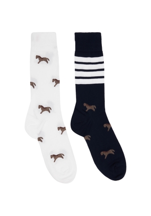 Thom Browne White & Navy Funmix Geese Jacuquard Mid Calf Socks