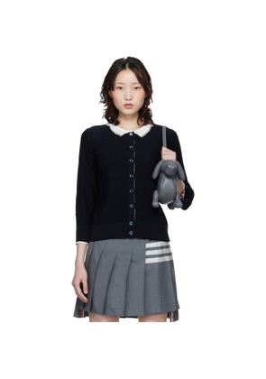 Thom Browne Navy Merino Wool Bobble Stitch Lace Trim Cardigan