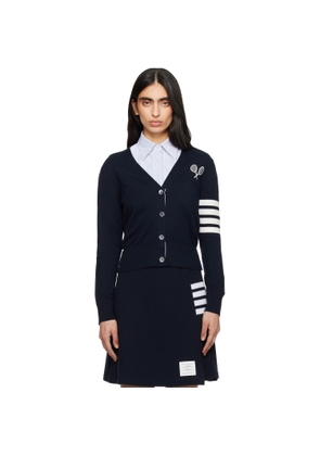 Thom Browne Navy Tennis Racquets 4-Bar Cotton V-Neck Cardigan