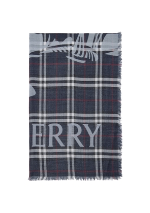 Burberry Navy Wide EKD Check Wool Silk Scarf