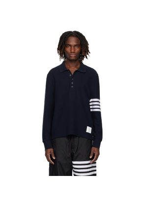 Thom Browne Navy Textured Pique 4-Bar Long Sleeve Polo
