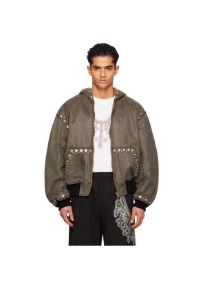 We11done Gray Studded Hooded Bomber Jacket