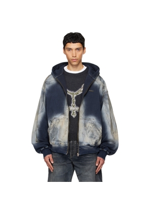 We11done Blue Zip-Up Dirty Denim Jacket