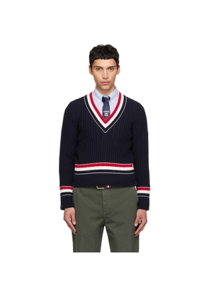 Thom Browne Navy Cable V Neck Sweater