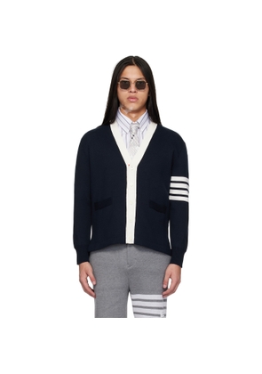 Thom Browne Navy Crest Intarsia Jacquard 4-Bar Rugby Fit Cardigan
