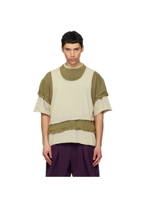 We11done Off-White & Green Triple Layered Washed T-shirt