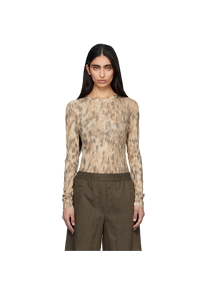 GANNI Beige Printed Marl Mesh Long-Sleeve T-shirt