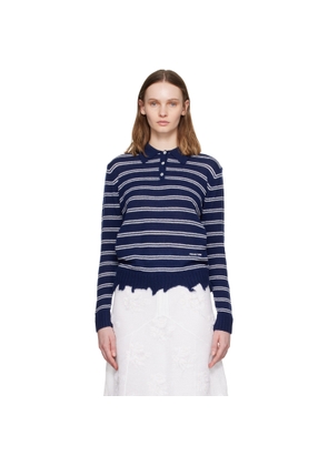 SHUSHU/TONG Navy & White Striped Long-Sleeve Knit Polo