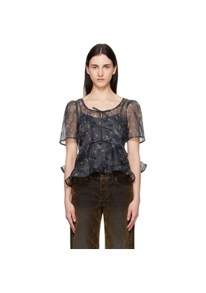 GANNI Gray Shibori Organza Peplum Blouse