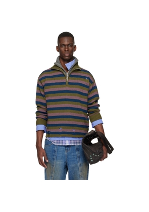 Andersson Bell Blue & Gray Double Layered Stripe Half Zip-Up Sweater
