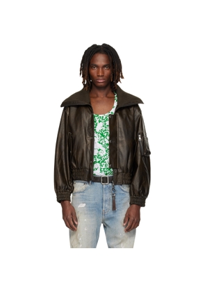 Andersson Bell Brown Knit-Collar Ma-1 Faux-Leather Bomber Jacket