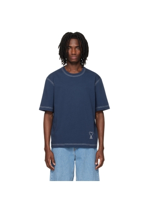 AMI Paris Blue Boxy Fit Topstitched Ami de Coeur T-shirt