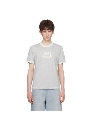AMI Paris Gray Cotton 'Ami Paris' Knitted Patch T-shirt