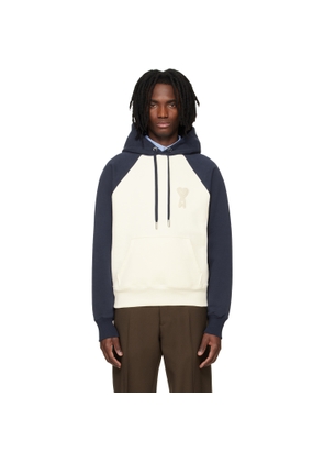 AMI Paris Off-White & Blue Cotton Knitted Ami de Coeur Hoodie
