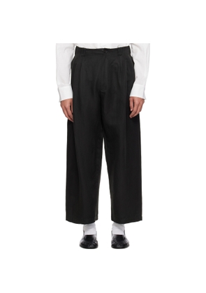 YOKE Black Linen Silk Kersey 3pleated Tapered Trousers