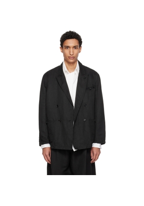 YOKE Black Linen Silk Kersey Double Breasted Blazer