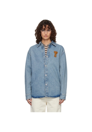 AMI Paris Blue Cotton Knitted Ami de Coeur Denim Overshirt