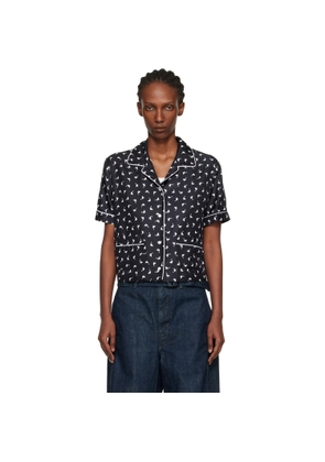 Moschino Black All Over Small Goose Print Silk Twill Blouse