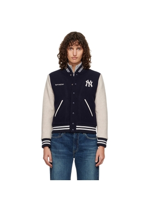 Sporty & Rich Navy & Beige Yankees Curve Wool Varsity Jacket