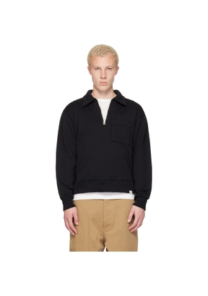 Merz b. Schwanen Black Authentic Fleece Polo Collared Half-Zip Cotton Sweatshirt